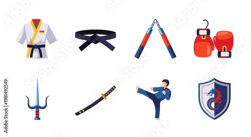 Martial Arts Equipment and Fighter Icon Set: Karate Gi, Nunchucks, Boxing Gloves, Katana, Sai, Shield