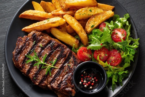 Grilled steak with roasted potato wedges and salad on a black plate, top-down shot