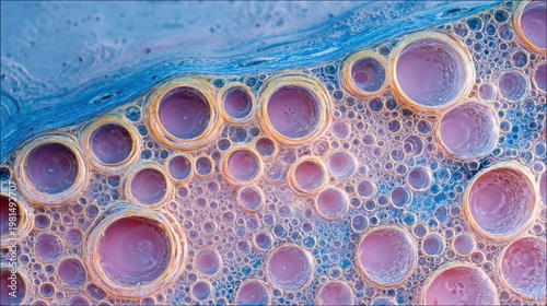 Close up view captures myriad spherical formations within a liquid mixture
