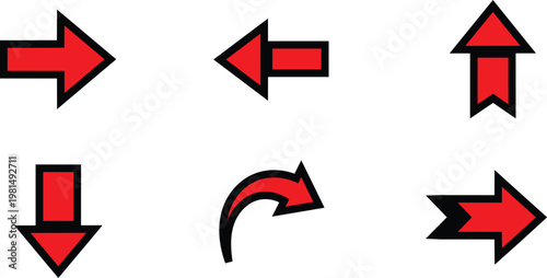 Red geometric arrows and symbols on white background, red arrows geometric shapes direction