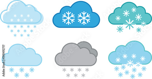 Set of Snowfall and Cloud Weather Icons with Snowflakes, Symbols for Snowstorm, Winter, and Weather Forecasts