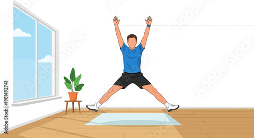 Man doing jumping jacks exercise at home on yoga mat, fitness and workout