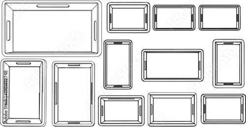 Set of nine empty cardboard boxes stacked and arranged in various orientations Vector