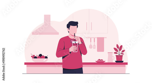 Man drinking a healthy smoothie in a modern kitchen, flat illustration style