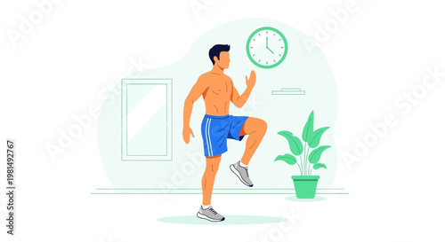 Man doing high knees exercise at home, fitness and healthy lifestyle concept
