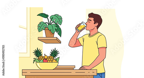 Man drinking fresh juice in kitchen with fruits and plant