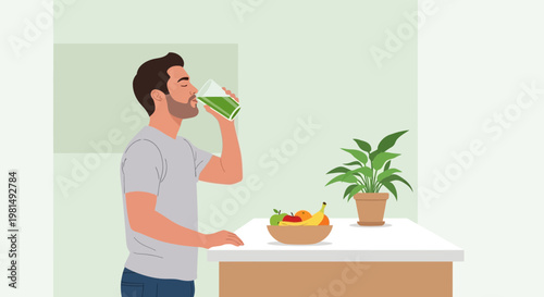 Man drinking green smoothie health drink at kitchen counter with fruit bowl and plant