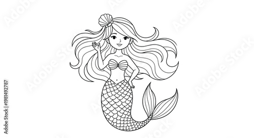 Enchanting coloring book illustration of a graceful mermaid with long flowing hair and a beautiful scaly tail waving her hand.