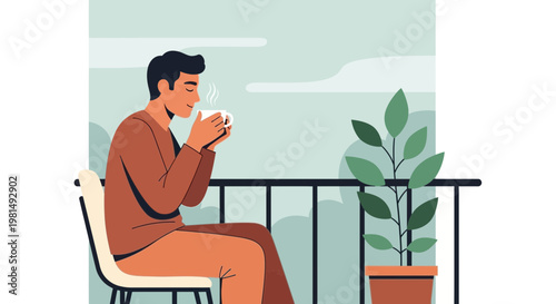 Man enjoying coffee on balcony, morning relaxation, fresh air, plant on side