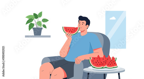 Man Enjoying Fresh Watermelon Slices While Relaxing in a Comfortable Chair at Home
