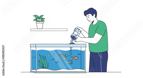 Man feeding fish in aquarium, pet care, hobby, home aquarium, underwater life