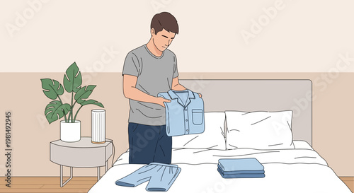 Man folding light blue pajamas on a bed, bedroom interior, domestic scene