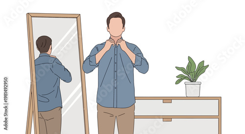 Man getting dressed in front of a mirror, buttoning up his shirt, preparing for the day