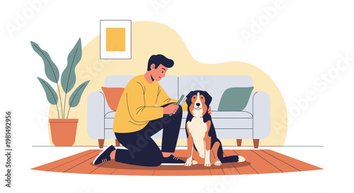 Man grooming Bernese Mountain Dog at home, pet care, bonding, lifestyle
