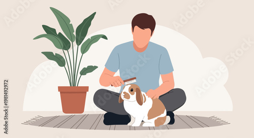 Man grooming pet rabbit with brush at home, cozy lifestyle scene