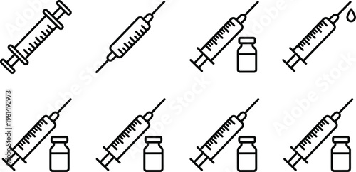Syringe and Vaccine Bottle Icon Set, Medical Symbols for Healthcare, Vaccination, and Medical Treatment