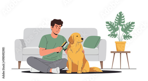Man grooming golden retriever dog on sofa, home interior, pet care, bonding, lifestyle