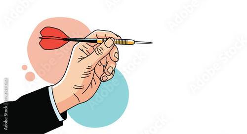 Detailed illustration of a professional hand in a business suit precisely holding a sharp dart against a soft colorful background.