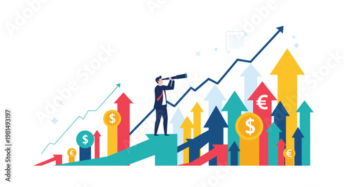 Ambitious businessman standing on a rising arrow using a telescope to look for future financial opportunities and market growth.