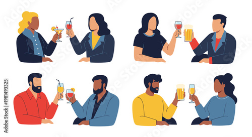 Diverse groups of people sitting together and enjoying various drinks like cocktails, wine, and beer in a social bar environment.
