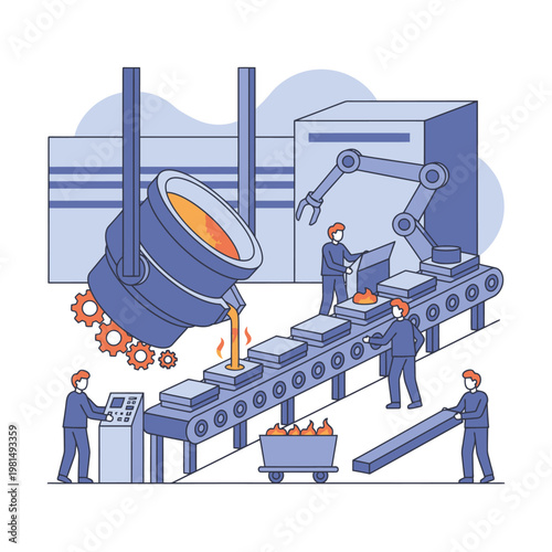 Automated Foundry Production Line with Molten Metal Pouring.