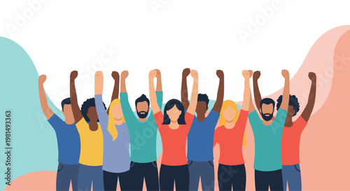 Strong group of diverse people standing together with their fists raised in a sign of unity, protest, and collective empowerment.