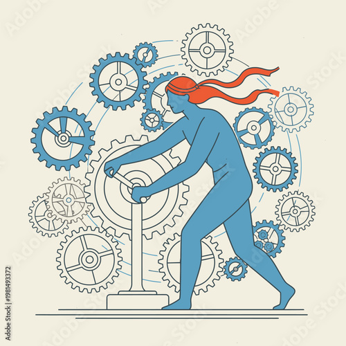 Woman Activating Complex Machinery with Determined Effort.
