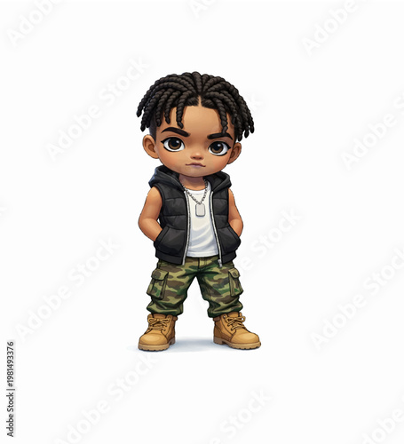 A stylized chibi 3D character with braided hair, wearing a black sleeveless puffer vest, white t-shirt, camouflage cargo pants, and tan boots, standing confidently with a bold, modern streetwear look.