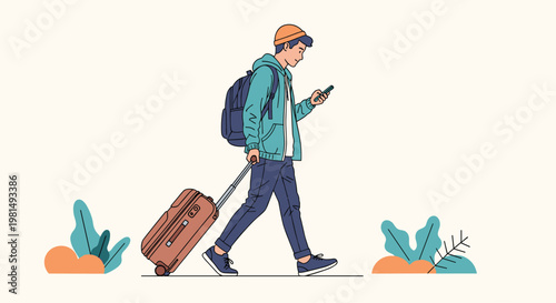 Modern traveler walking confidently with a rolling suitcase while focused on using a smartphone for navigation or travel updates.