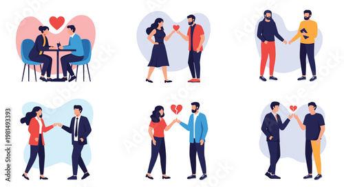 Set of illustrations showing various relationship stages including romantic dates, breakups, meetings, and friendly interactions.