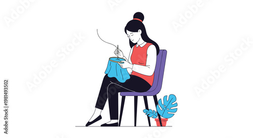 Young woman sitting comfortably in a purple chair and focused on her embroidery project with green plants nearby.