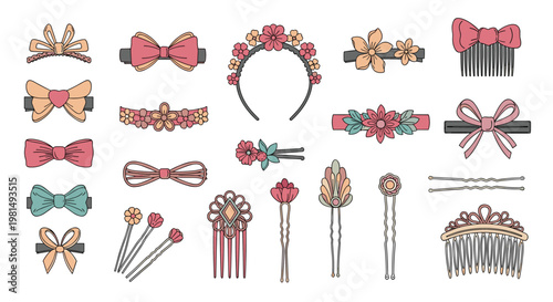 Wide variety of elegant hair accessories including bows, floral headbands, decorative pins, and vintage style hair combs.