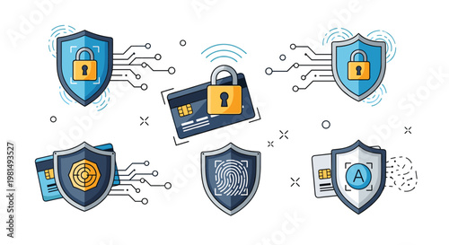 Collection of digital security icons representing protected credit cards, biometric fingerprint scanning, and encrypted data.