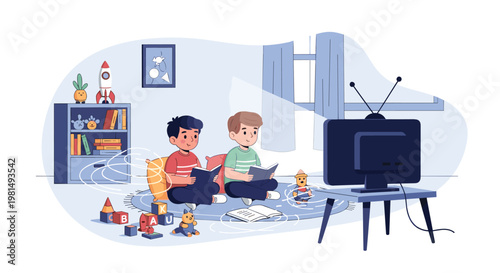 Two young boys sitting on a rug in a cozy playroom and reading books while surrounded by colorful toys and a television.