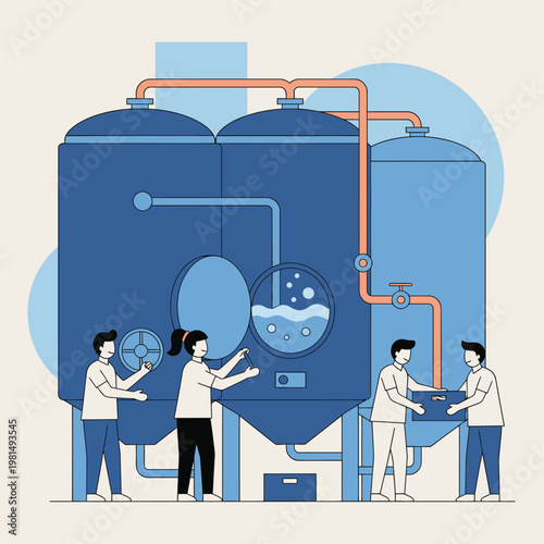 Brewery Workers Overseeing Fermentation Process in Industrial Tanks.