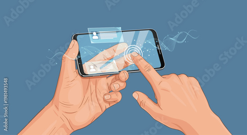 Close up of hands using a futuristic transparent smartphone with a holographic interface showing messages and data waves.
