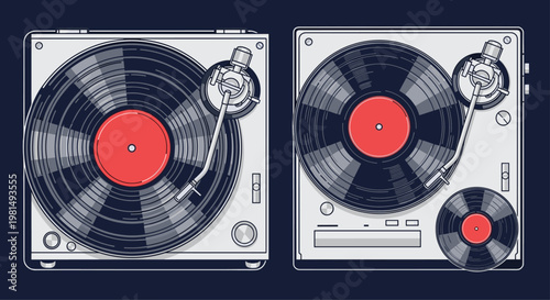 Top view of two classic vinyl record players with black discs and red labels on a dark background showing musical equipment.