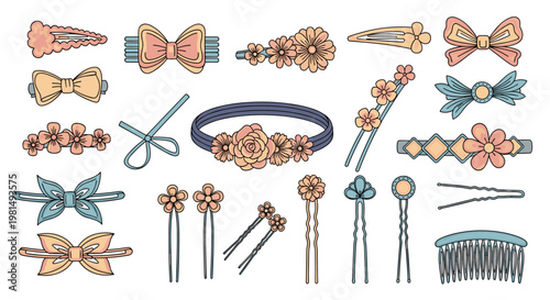 Large assortment of colorful feminine hair accessories such as floral headbands, decorative bows, and stylish metal hairpins.