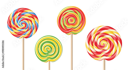 Four vibrant and colorful swirled lollipops on wooden sticks arranged against a clean white background for a sweet treat.