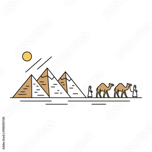 Camels and Pyramids Desert Caravan Illustration.