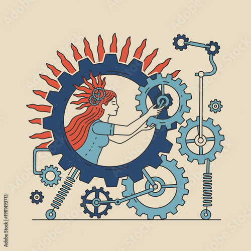 Woman Interacting with Complex Mechanical Gear System.