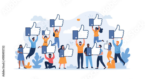 Large group of diverse people jumping and standing while holding up blue and white thumbs up like icons to show approval.