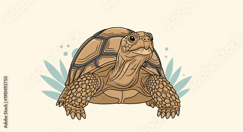 Detailed illustration of a large brown tortoise with a textured shell standing calmly in front of some simple green leaves.