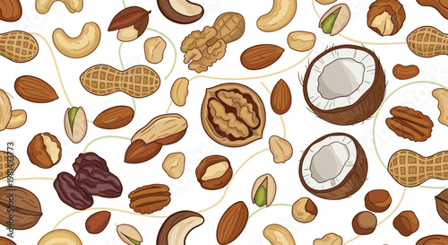 Seamless background pattern featuring a variety of realistic nuts including peanuts, walnuts, almonds, pistachios, and coconuts.