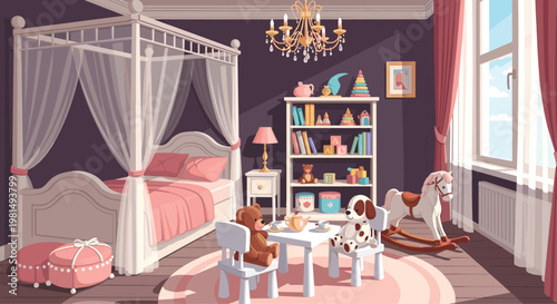 Cozy and elegant girls bedroom interior with a white canopy bed, bookshelf, rocking horse, and various toys on the rug.