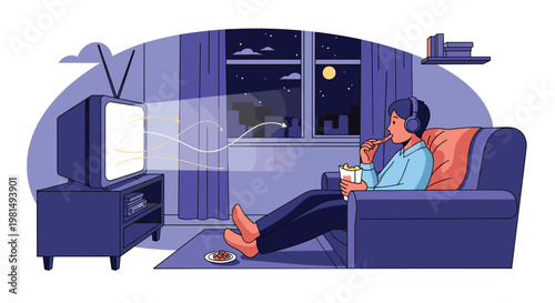 Person relaxing at home late at night on a sofa while watching television, wearing headphones, and eating a snack.