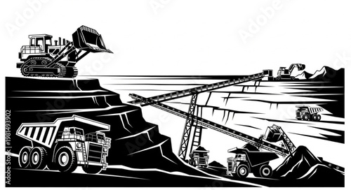 Heavy machinery working in a large open pit mine.