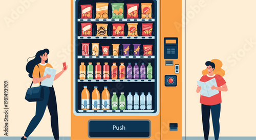 Two young women standing in front of a large orange vending machine and looking at the various snacks and drinks inside.