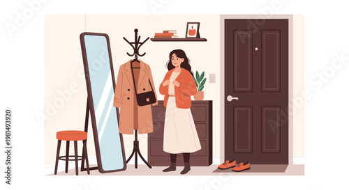 Woman getting ready to go out by checking her outfit in a long mirror located in a hallway near a dark wooden door.