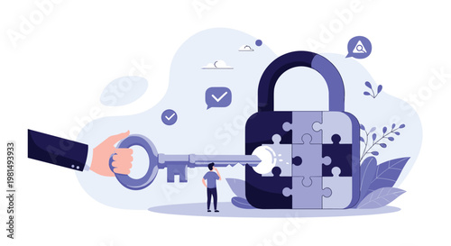 Conceptual illustration of a hand using a giant key to unlock a padlock made of puzzle pieces for a security solution.